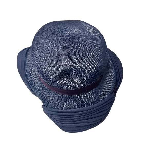 Vintage 1950s Navy Blue Woven Straw Hat Ribbon Detail OS - Picture 7 of 7